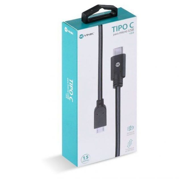 Cabo Carregador Tipo C para Micro USB (V8) 2.0A 1,50 metros Preto Vinik