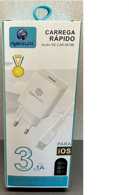 Cabo Carregador USB para Lightning com Tomada 3.1A 1,00m RE-CAR-8078B Branco Renux